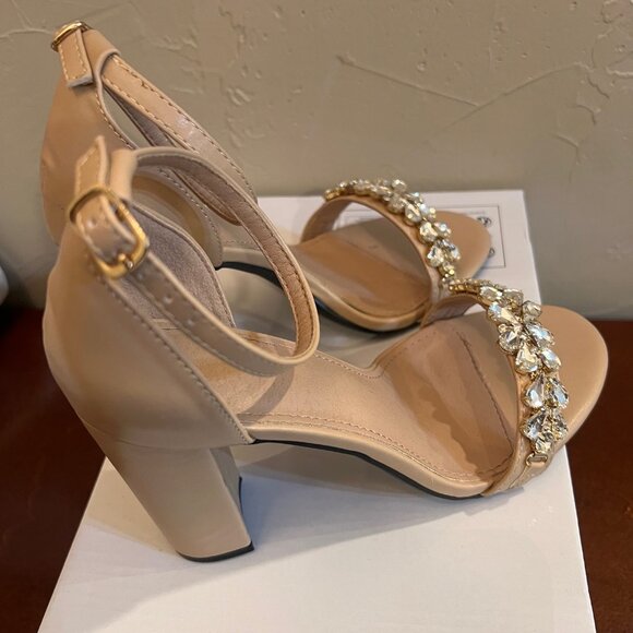 Women's Nude Block Heel Sandals w/Crystal Embellished Strap & Buckle Size 6.5 - Picture 6 of 8
